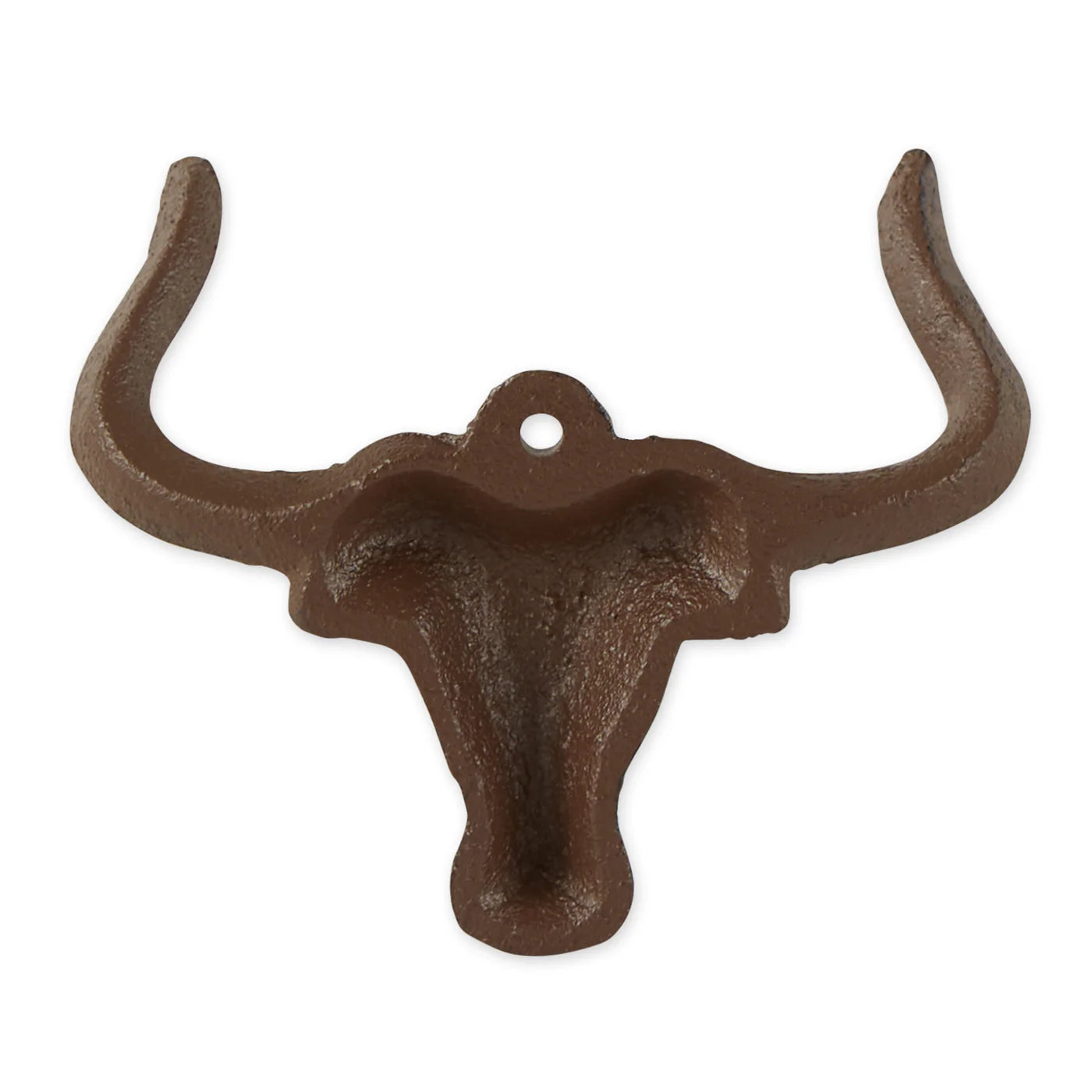 Back view of a cast iron longhorn wall hook showing the mounting hole and sturdy iron construction.