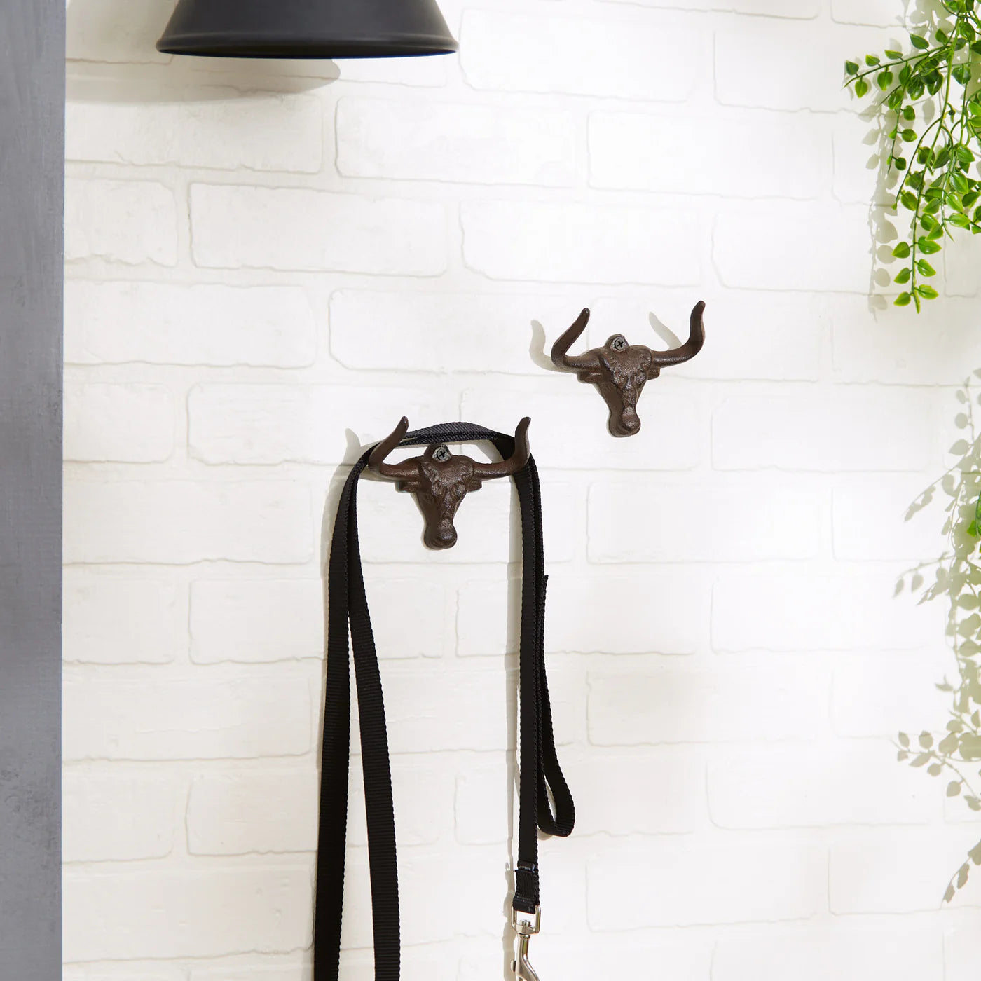 Set of 2 cast iron longhorn wall hooks holding a dog leash on a white brick wall in a rustic entryway.