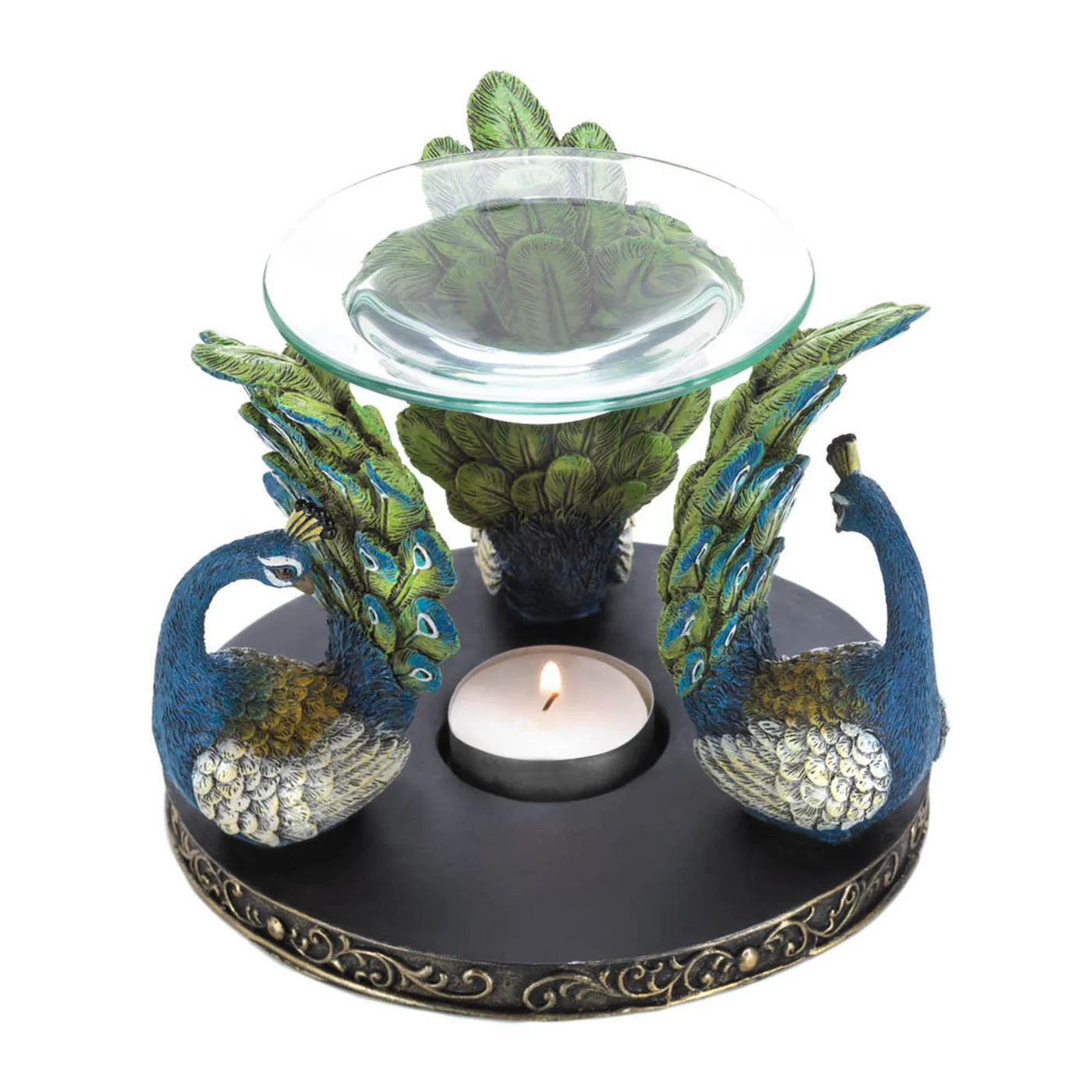 Decorative oil burner with peacock design on a white background