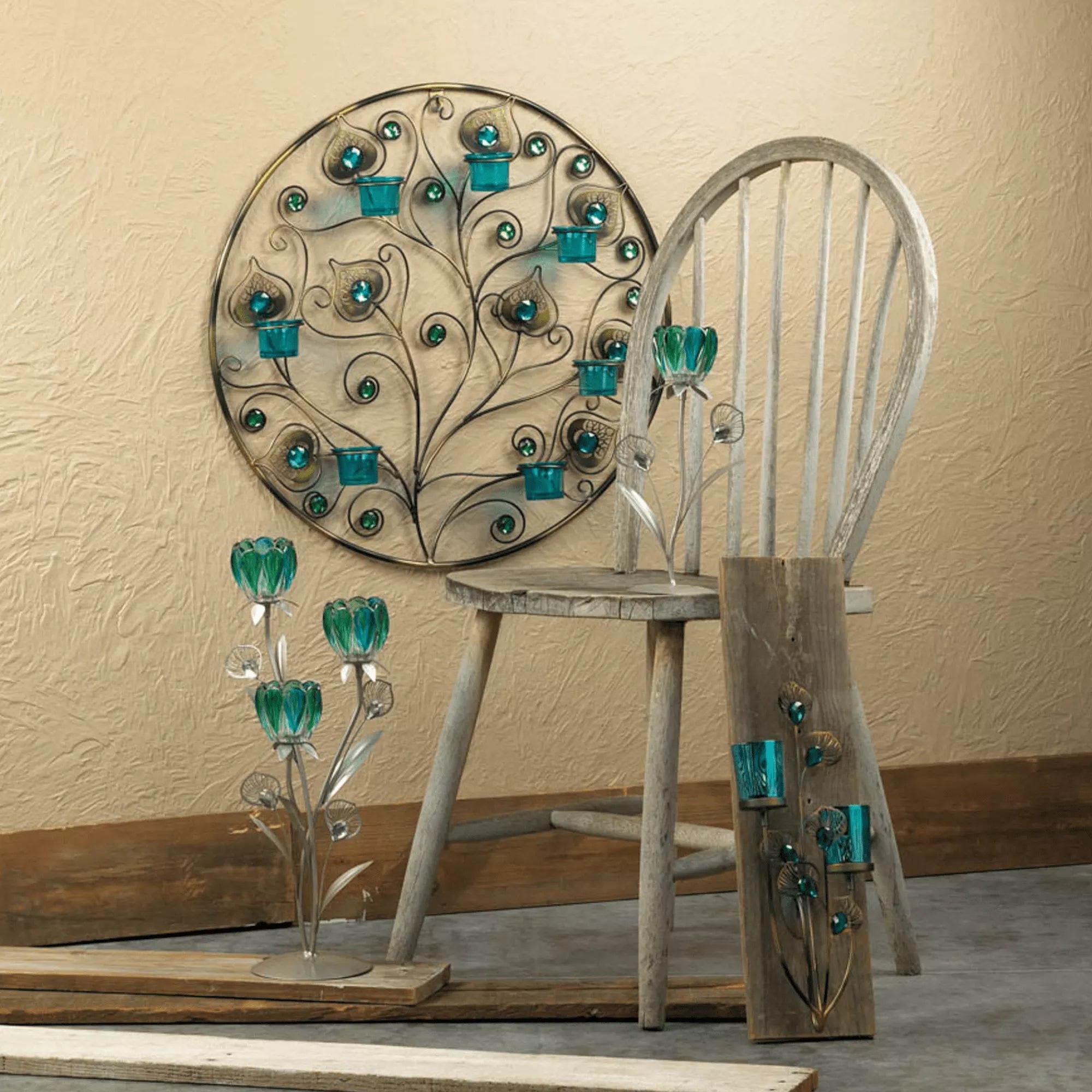 Peacock Plumes Circular Wall Sconce - Saunni Bee - Wall Candle Sconce