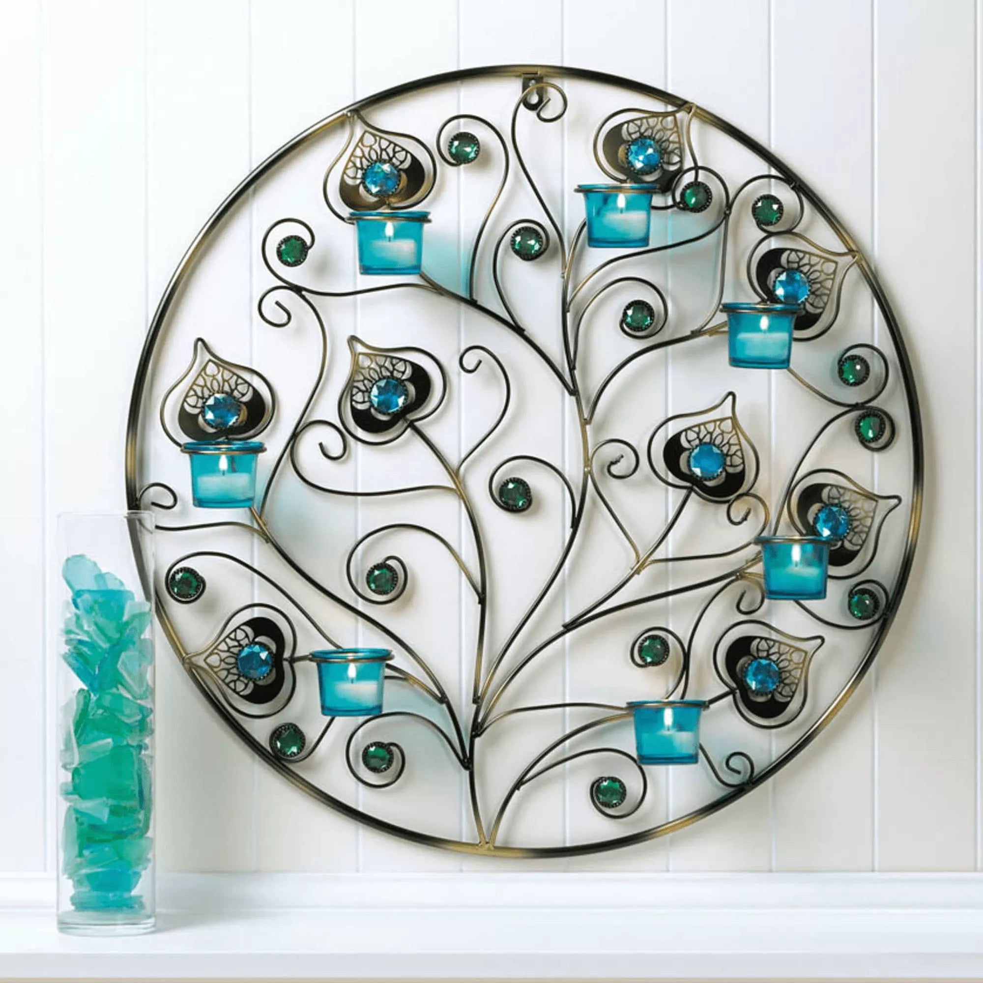 Peacock Plumes Circular Wall Sconce - Saunni Bee - Wall Candle Sconce