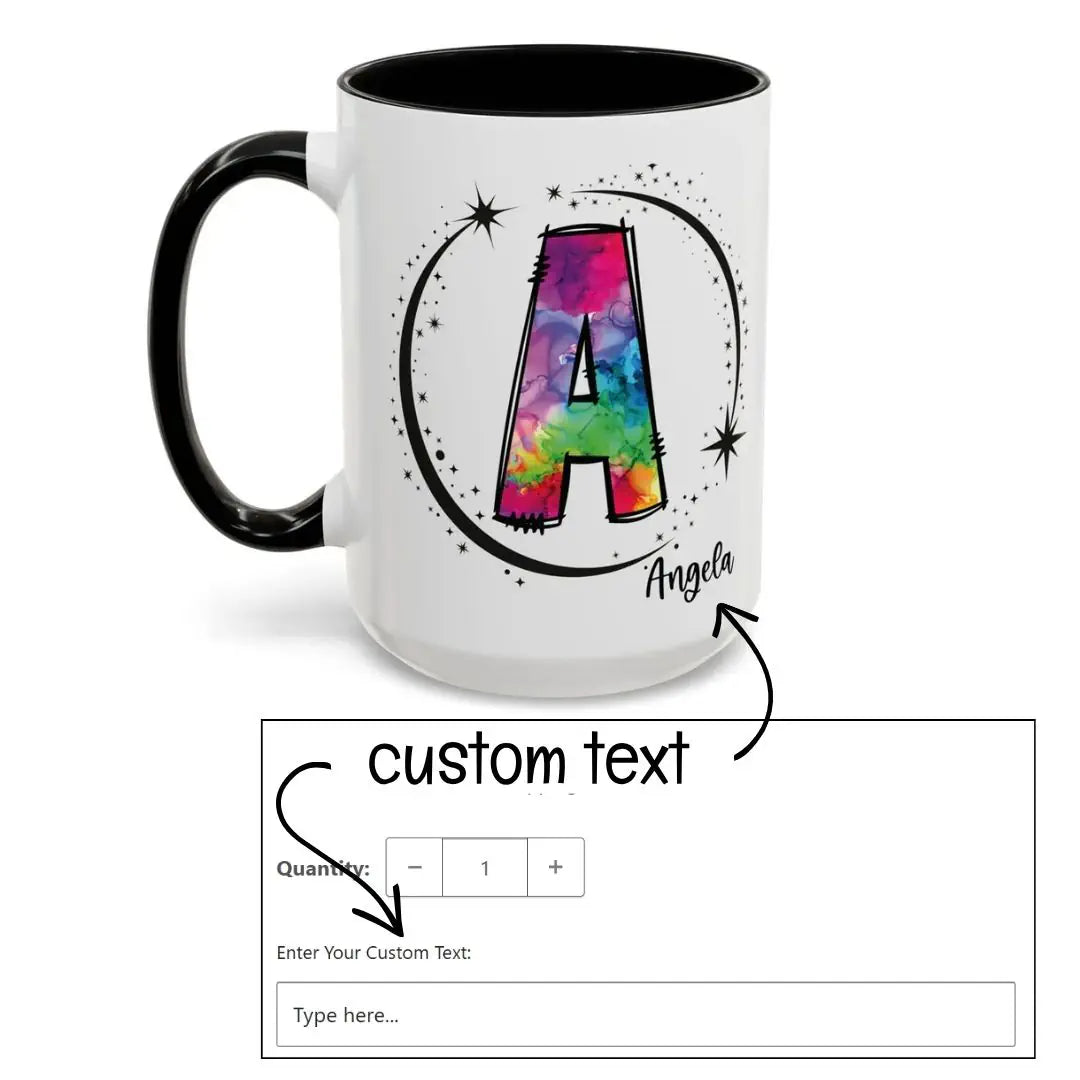 Personalized monogram mug example with arrows showing where to enter custom text.