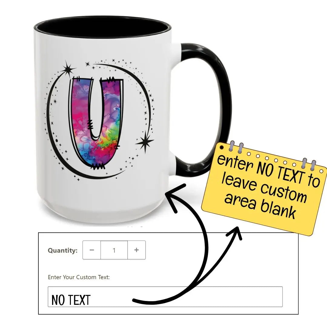 Personalized monogram mug example showing how to leave the custom text area blank.