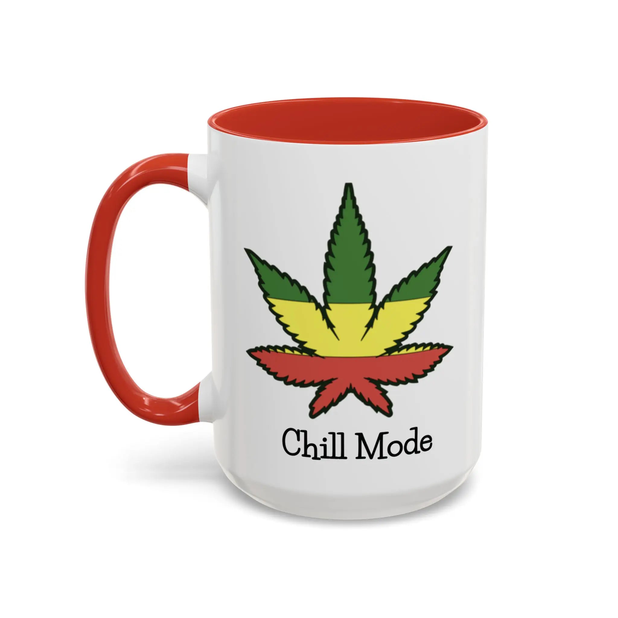 White mug with red interior and handle, featuring a cannabis leaf design and 'Chill Mode' text.