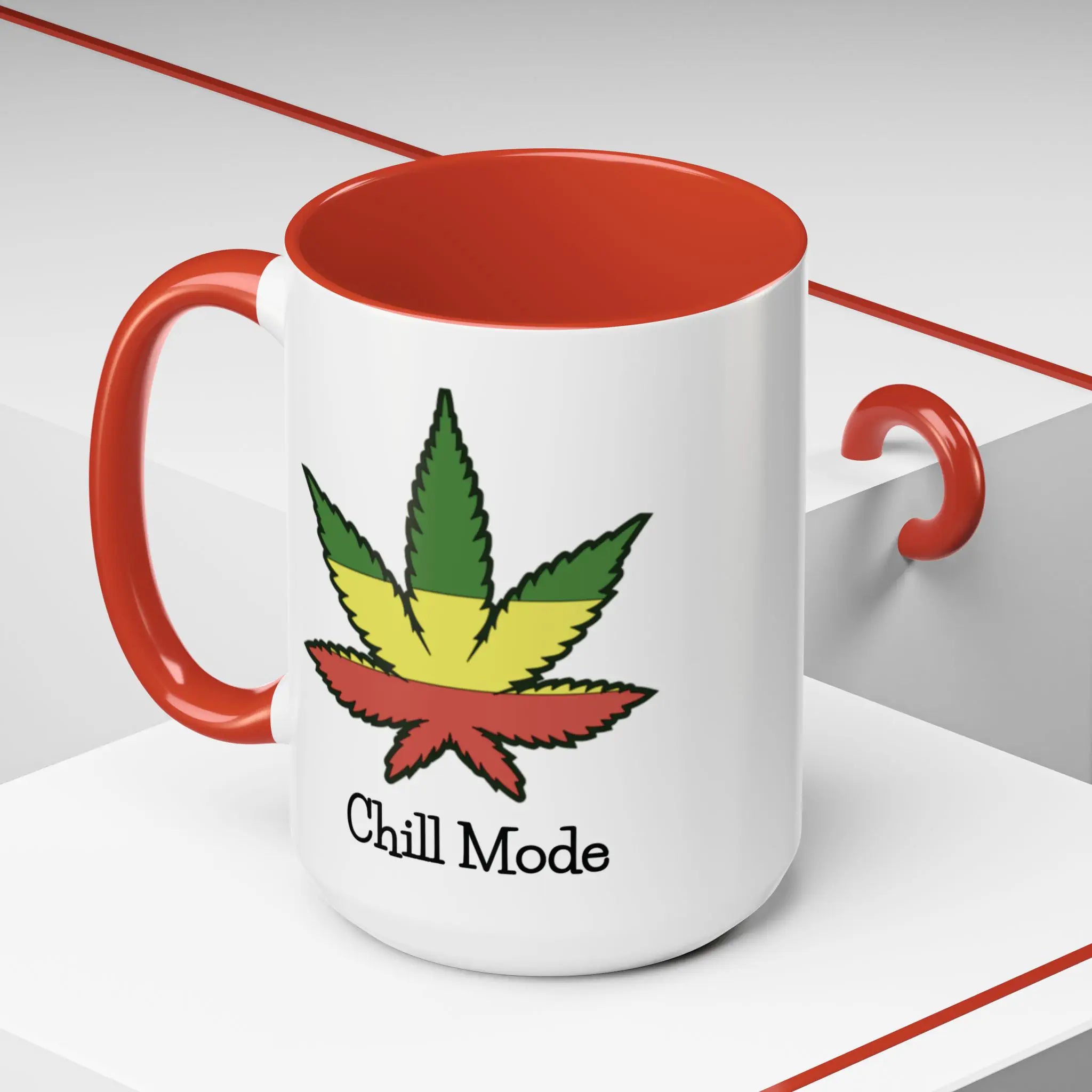 White mug with red interior and handle featuring a rasta marijuana leaf design and 'Chill Mode' text on a white background.