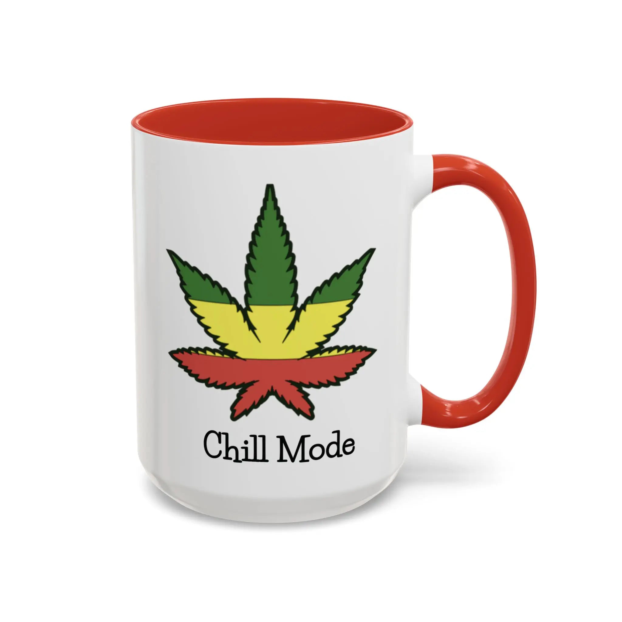 Mug with a cannabis leaf design and 'Chill Mode' text on a white background