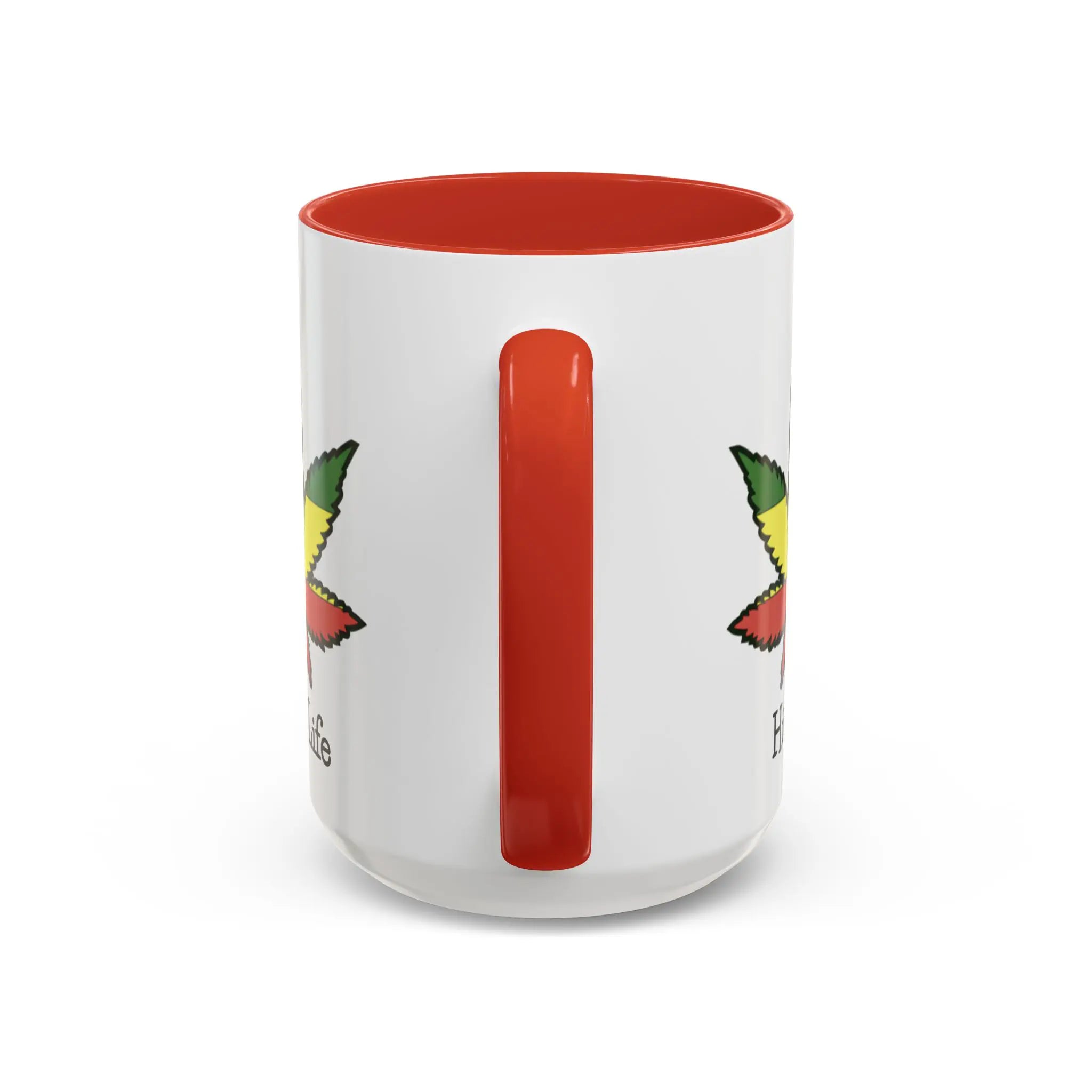 White mug with red interior and handle, featuring colorful designs on a white background