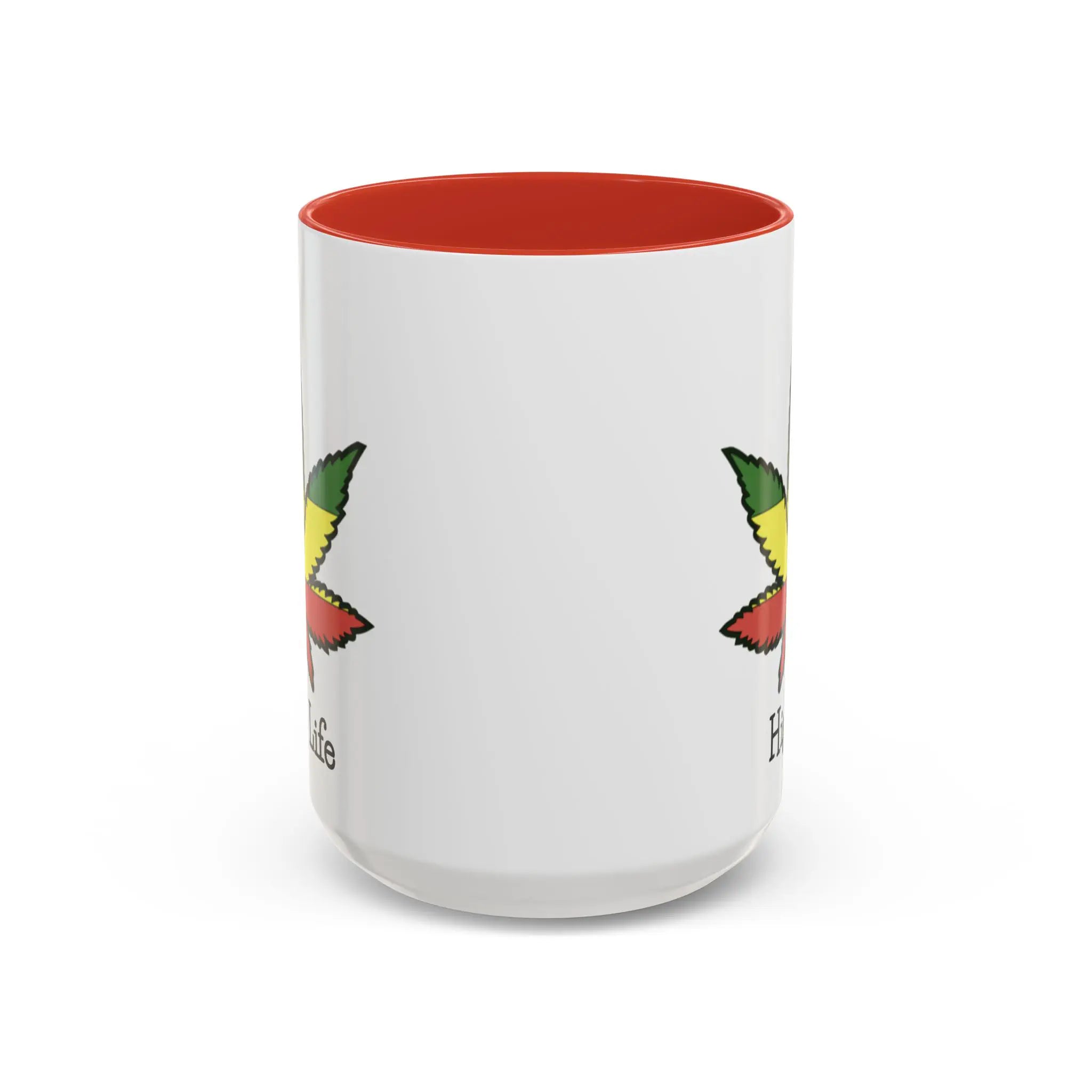 White mug with red interior and colorful designs on a white background