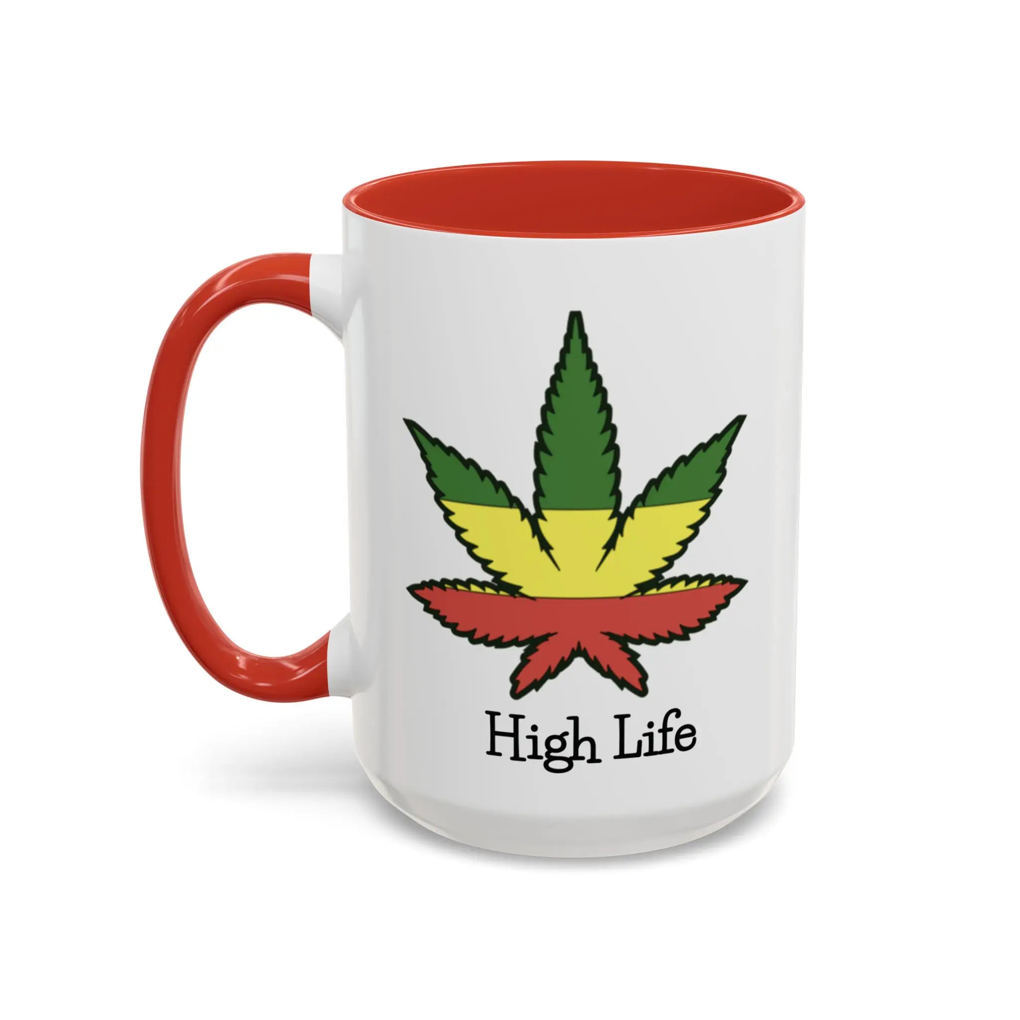 Coffee mug with a weed leaf design and 'High Life' text on a white background