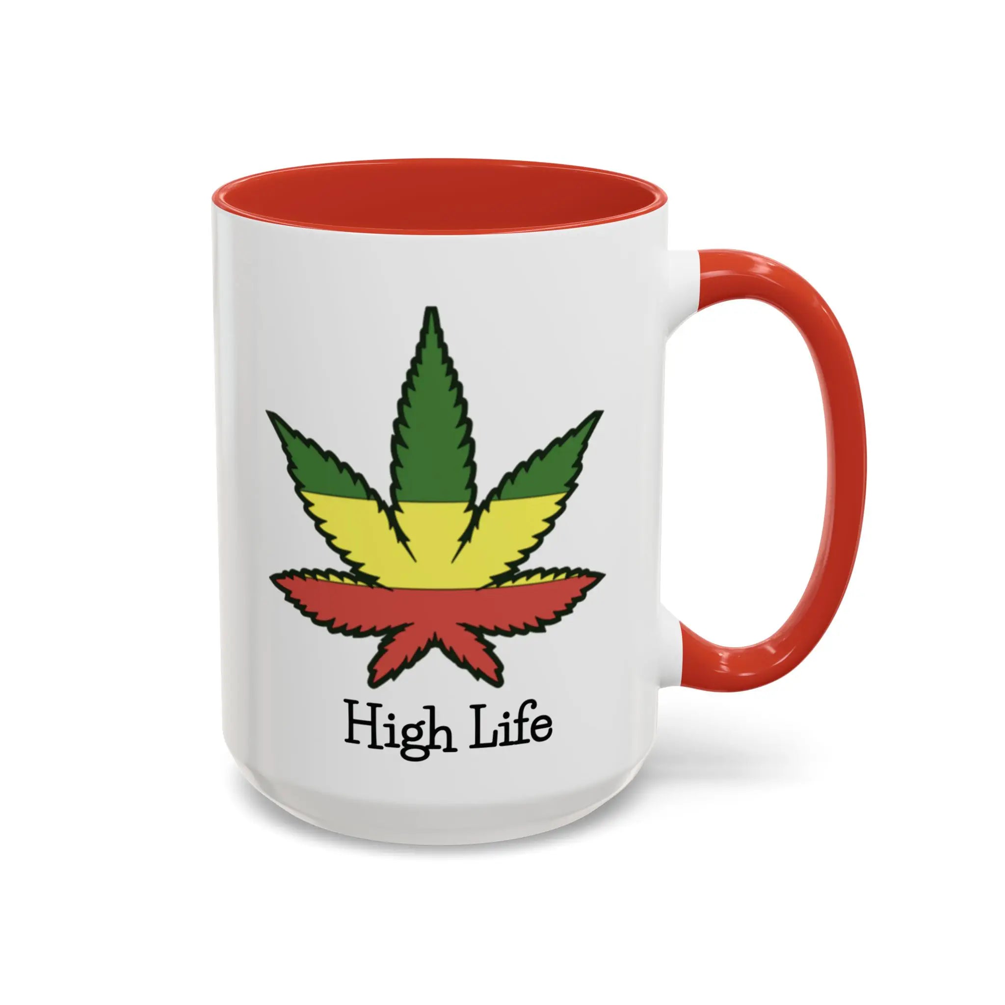 Coffee mug with a colorful weed leaf design and 'High Life' text on a white background