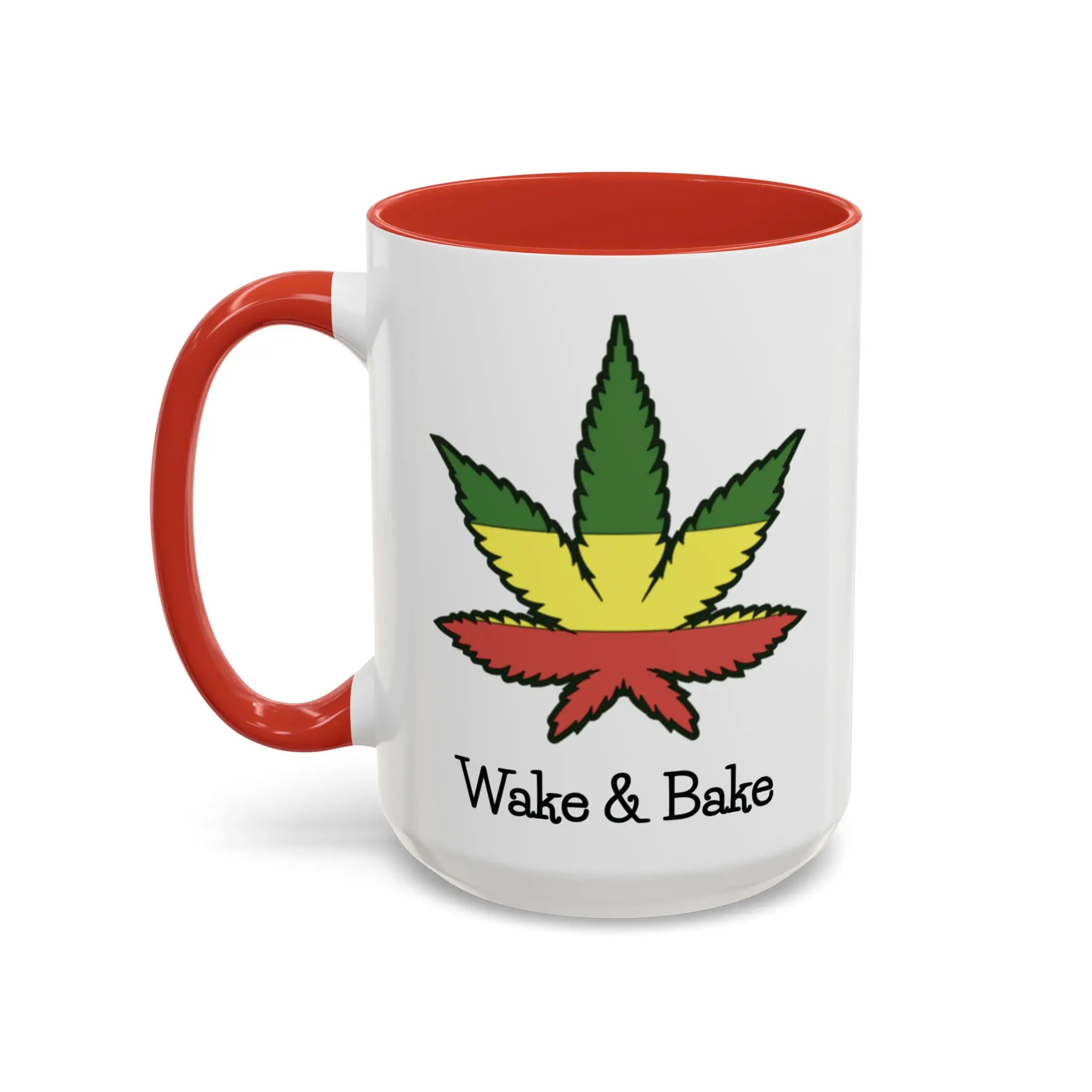 White coffee mug with red interior and handle, featuring a colorful cannabis leaf design and 'Wake & Bake' text.