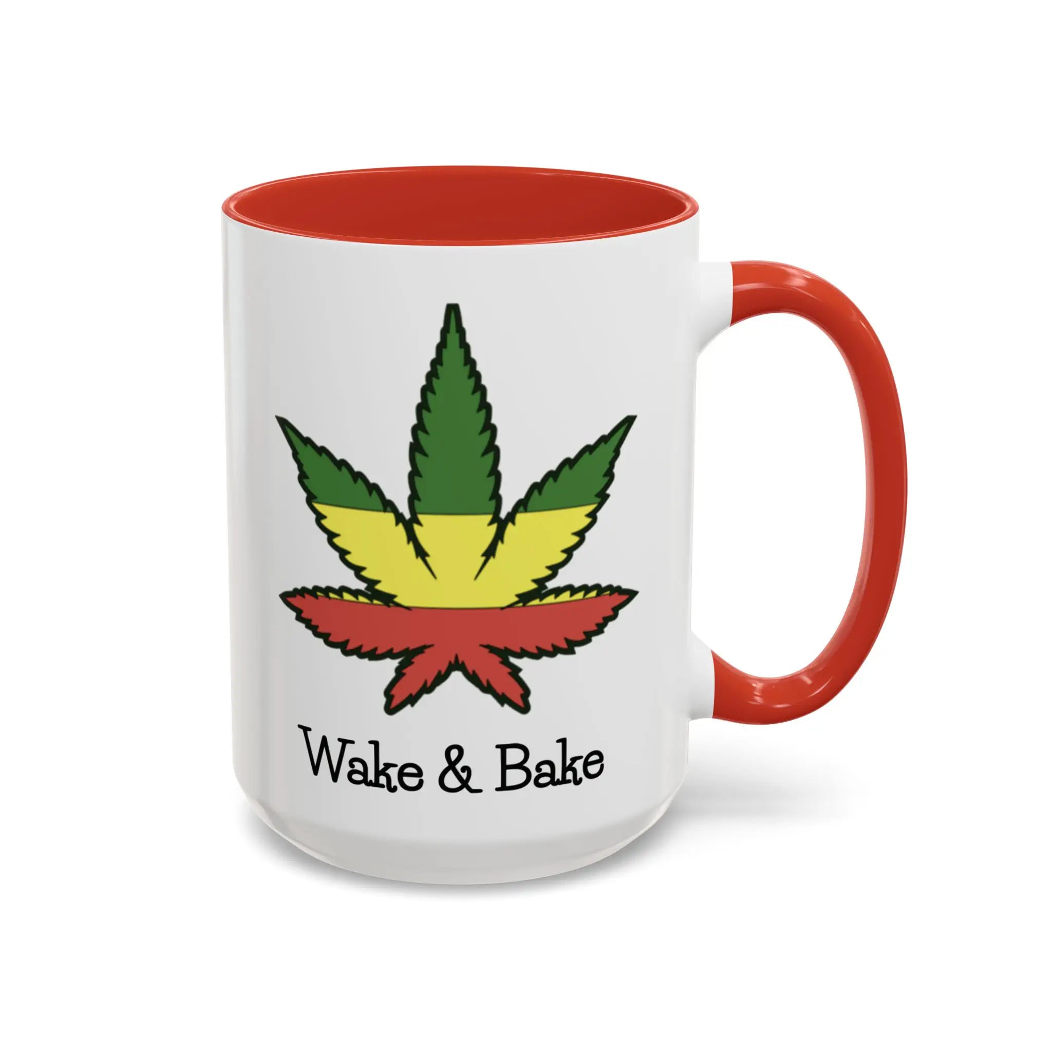 White mug with red interior and handle, featuring a colorful cannabis leaf and 'Wake & Bake' text on a white background.