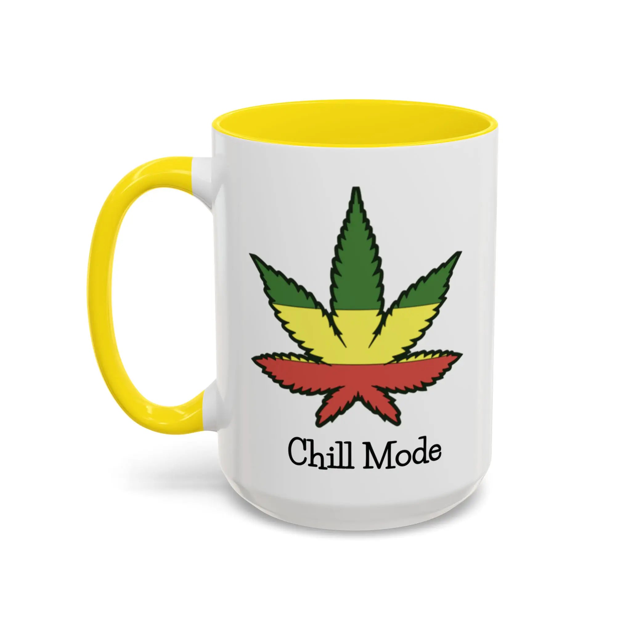 Mug with a cannabis leaf design and 'Chill Mode' text on a white background