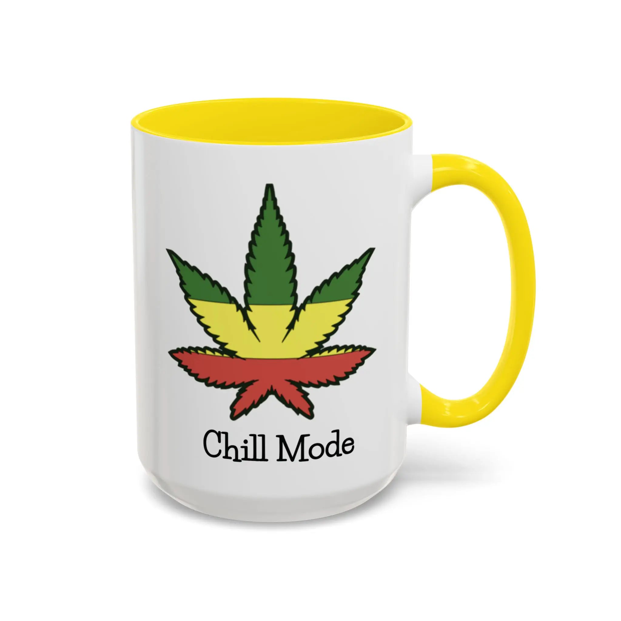 Coffee mug with a weed leaf design and 'Chill Mode' text on a white background