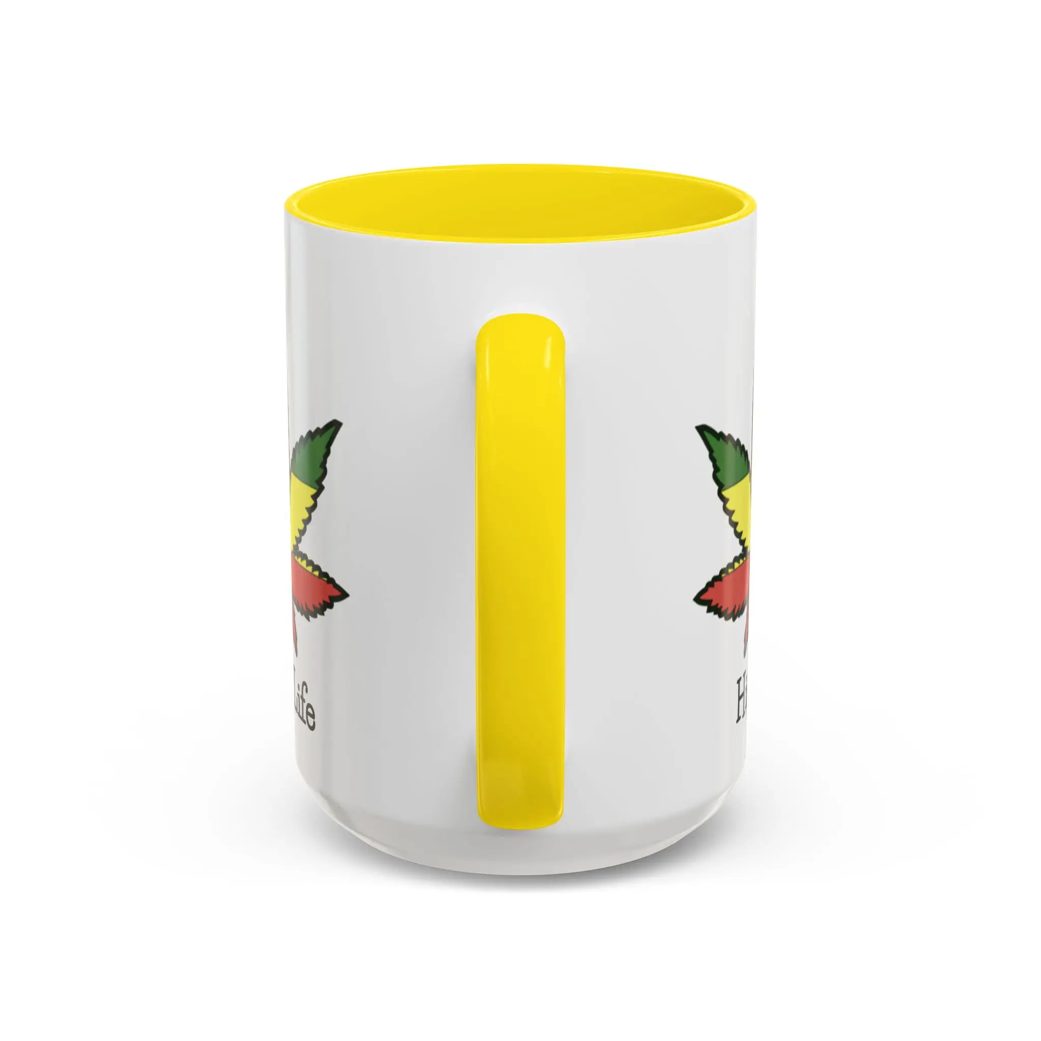 White mug with yellow interior and handle, featuring colorful designs on a white background