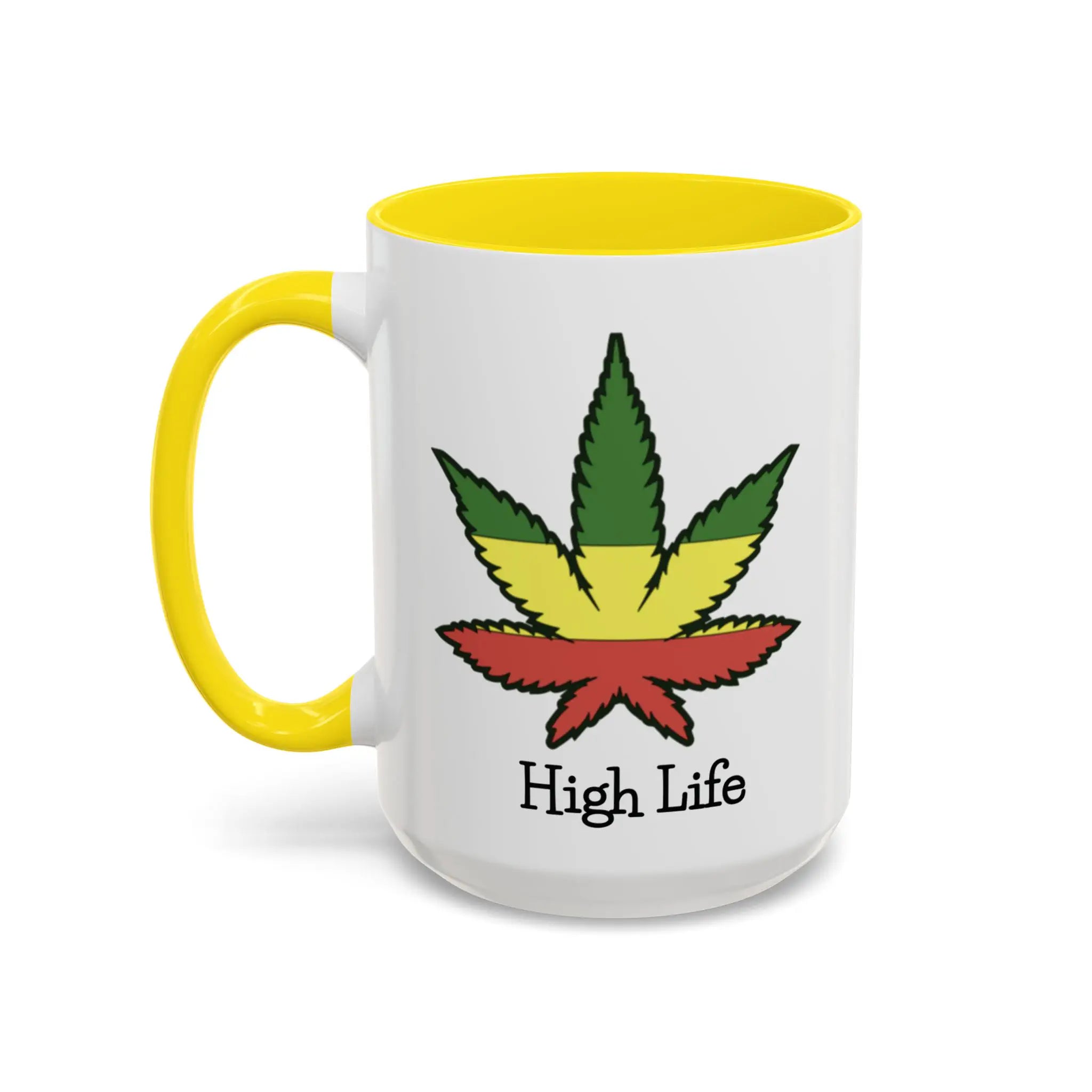 Coffee mug with yellow interior and handle, with cannabis leaf design and 'High Life' text on a white background