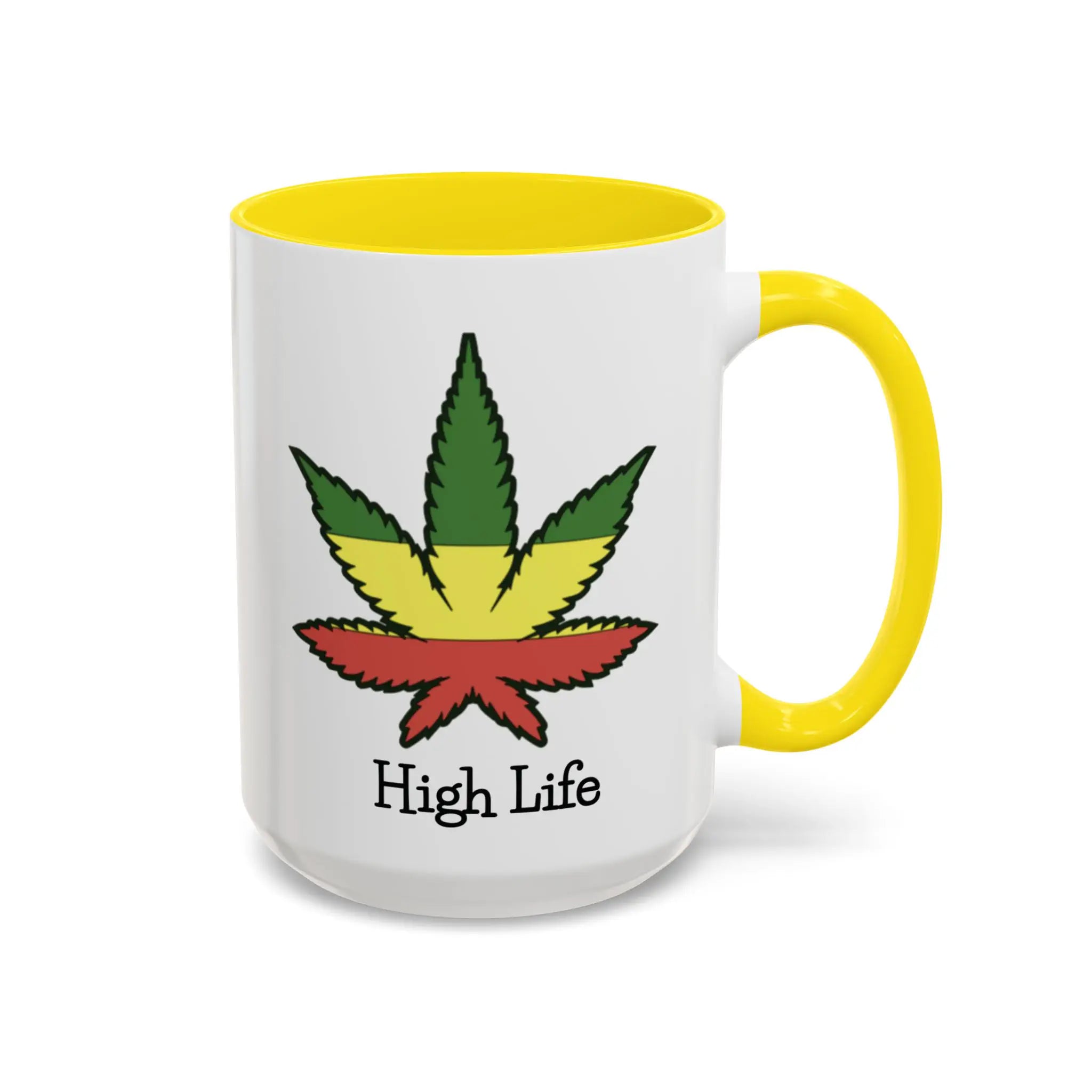 Mug with a cannabis leaf design and 'High Life' text on a white background