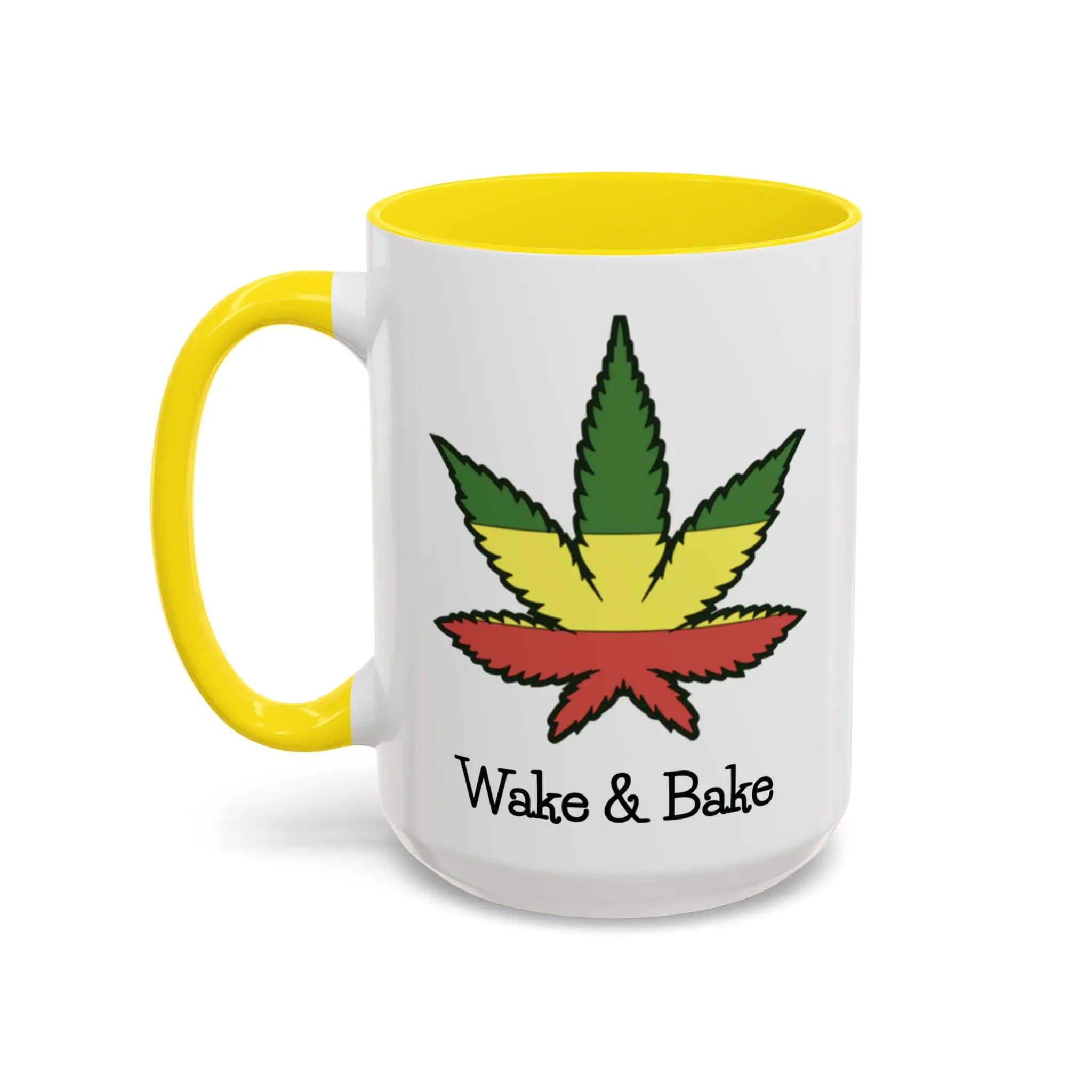 White mug with yellow interior and handle, featuring a rasta weed leaf design and 'Wake & Bake' text.