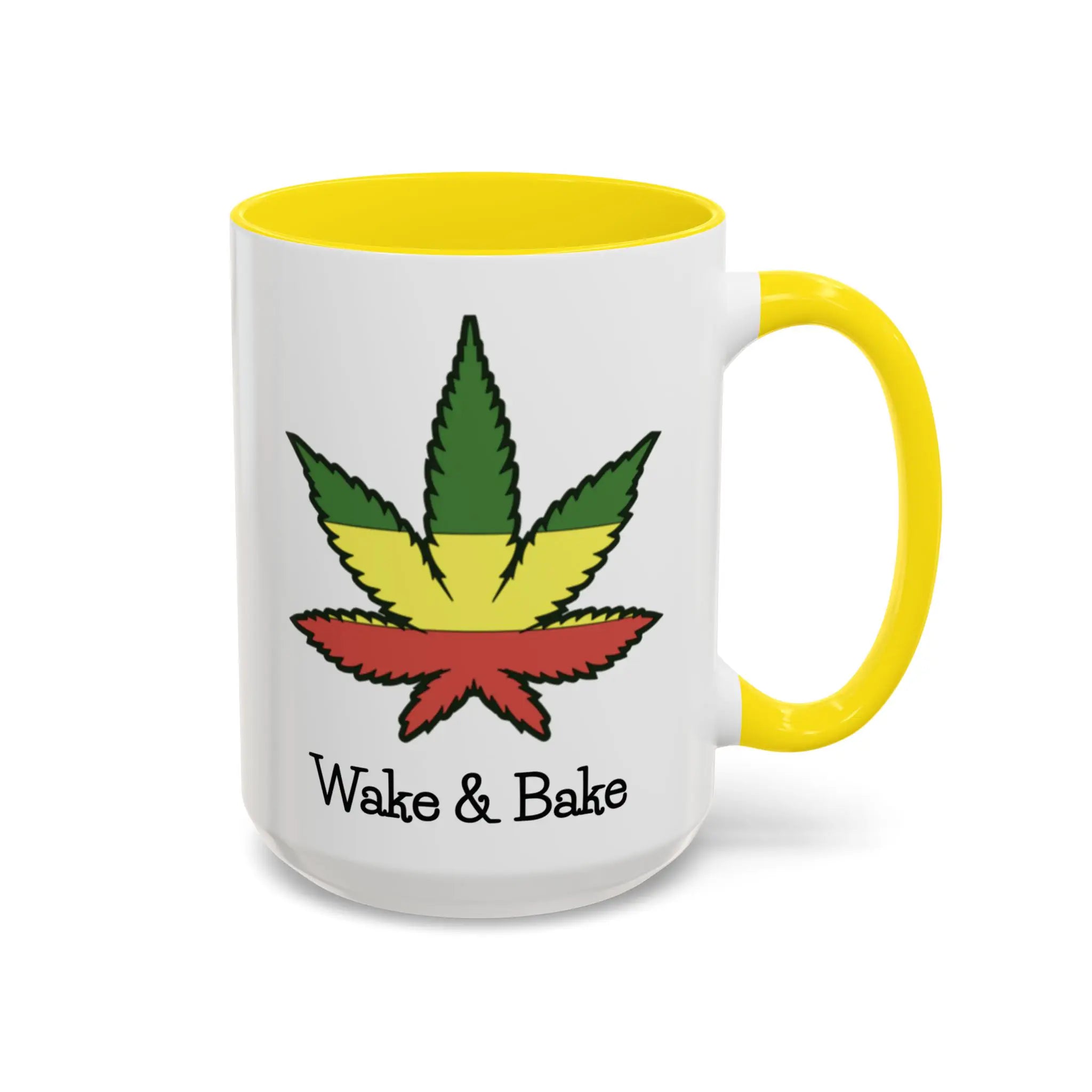 Mug with a cannabis leaf design and 'Wake & Bake' text on a white background