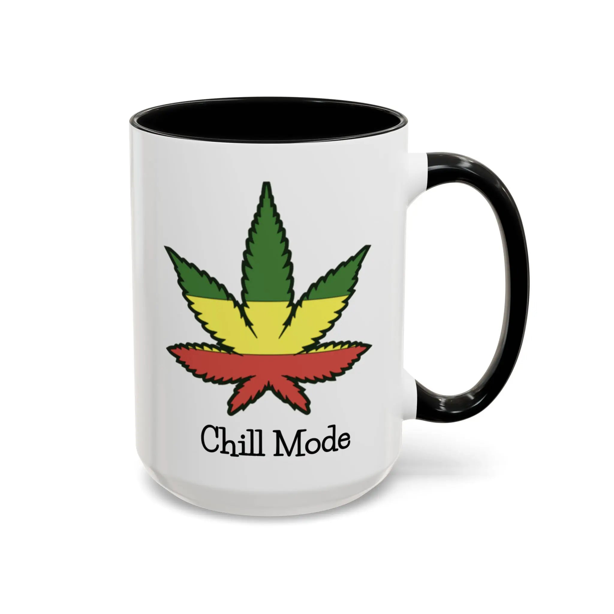 Mug with a cannabis leaf design and 'Chill Mode' text on a white background