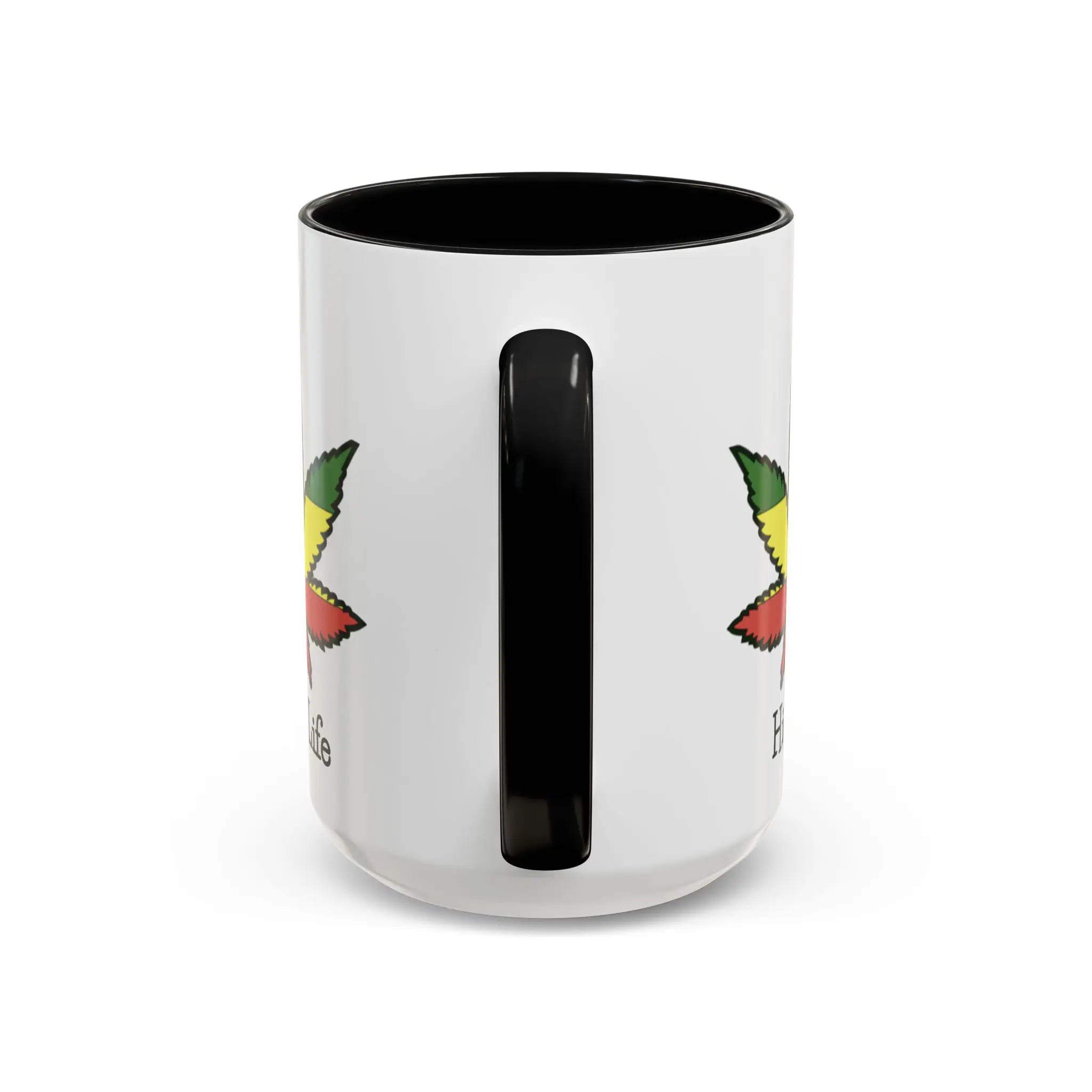 White mug with a black handle and interior on a white background