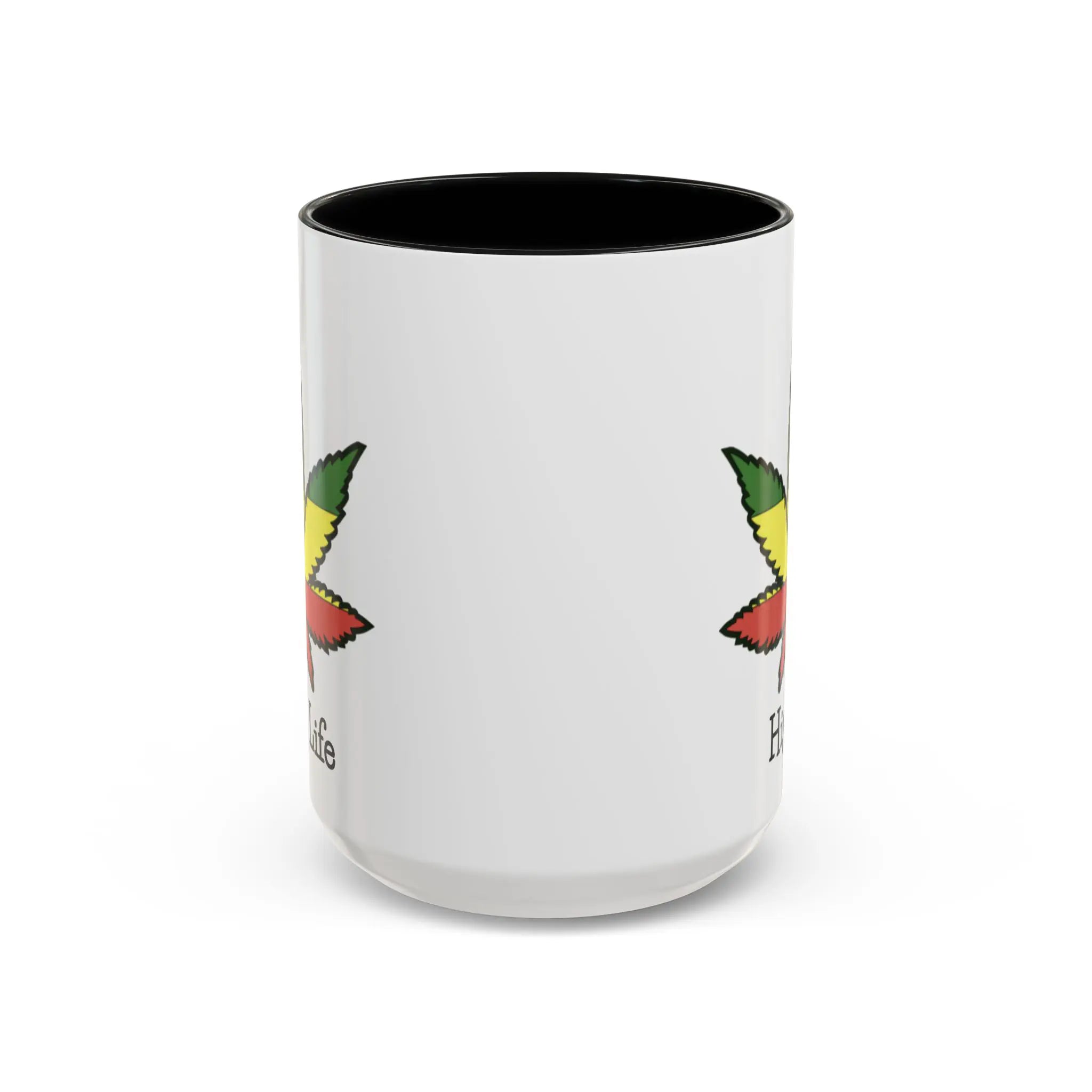 White mug with black interior and colorful designs on a white background