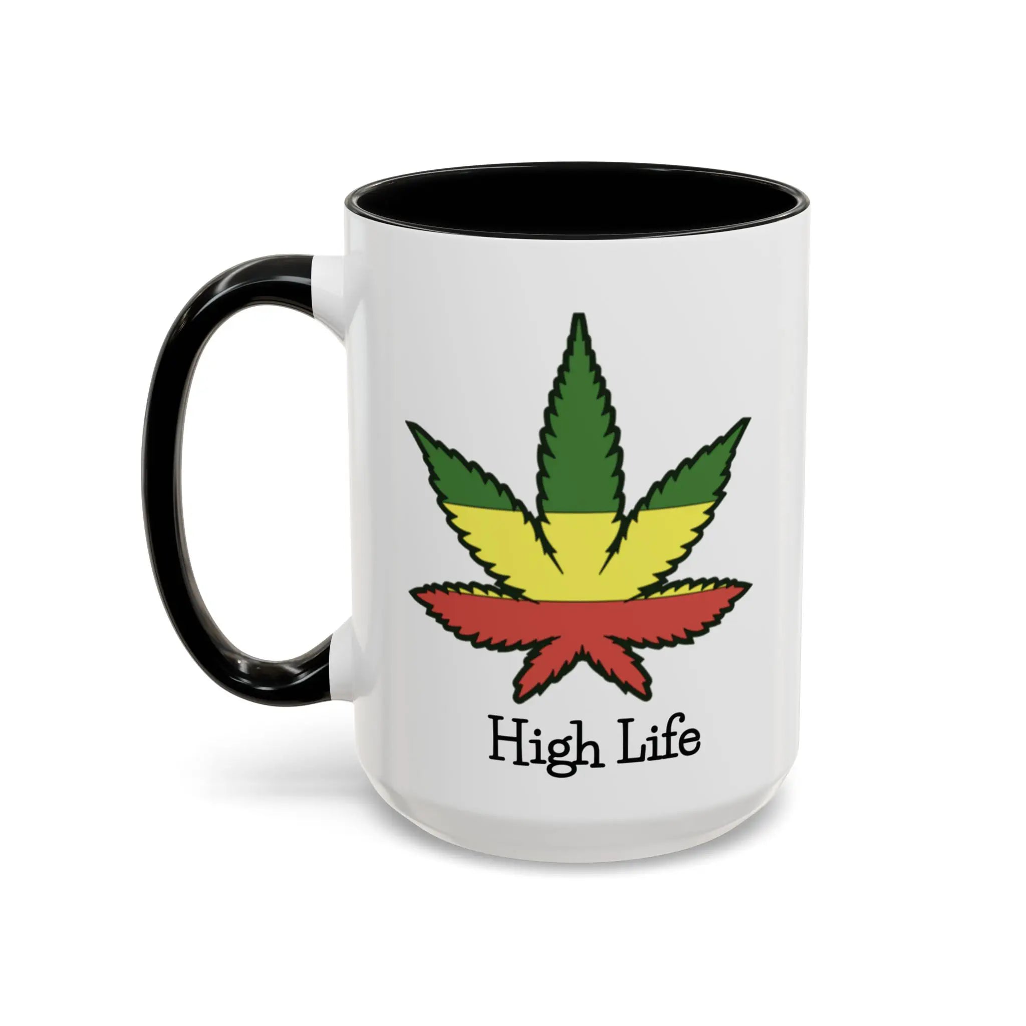 White mug with a green, yellow, and red weed leaf design and 'High Life' text on a white background