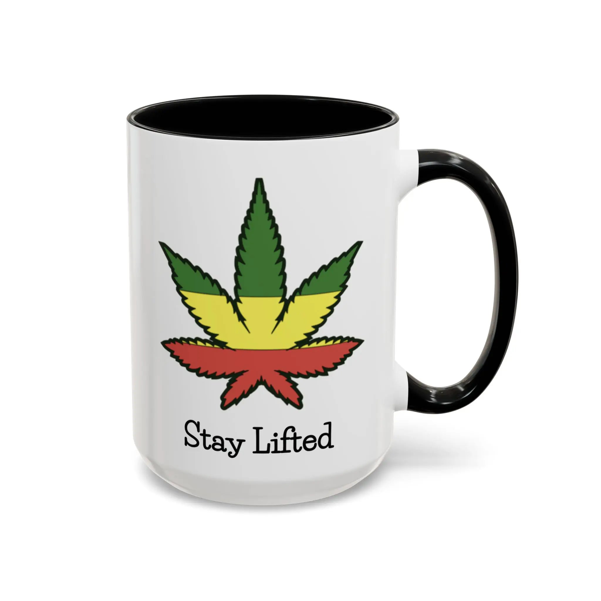 Mug with a colorful cannabis leaf design and 'Stay Lifted' text on a white background