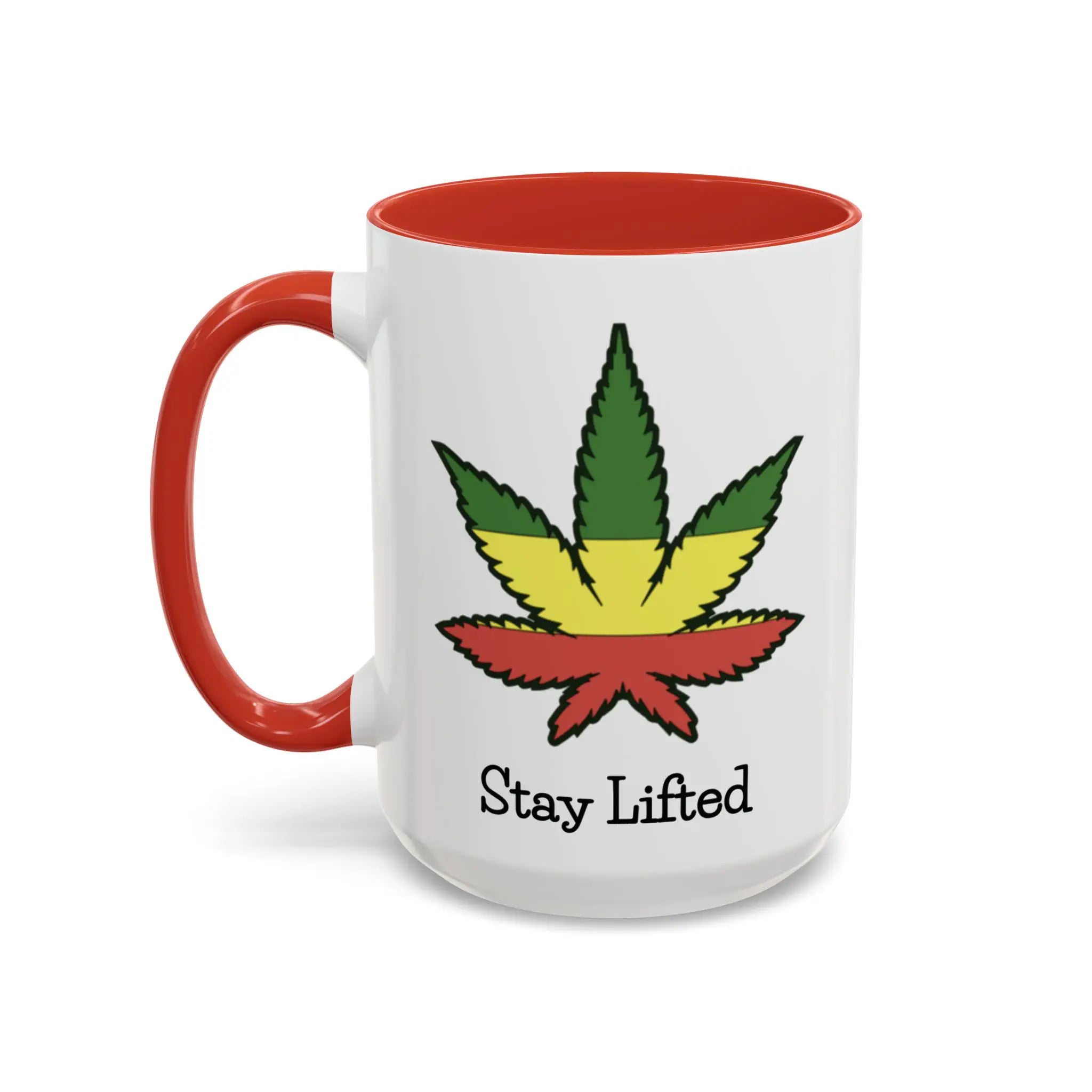 White mug with red handle featuring a cannabis leaf design and 'Stay Lifted' text on a white background