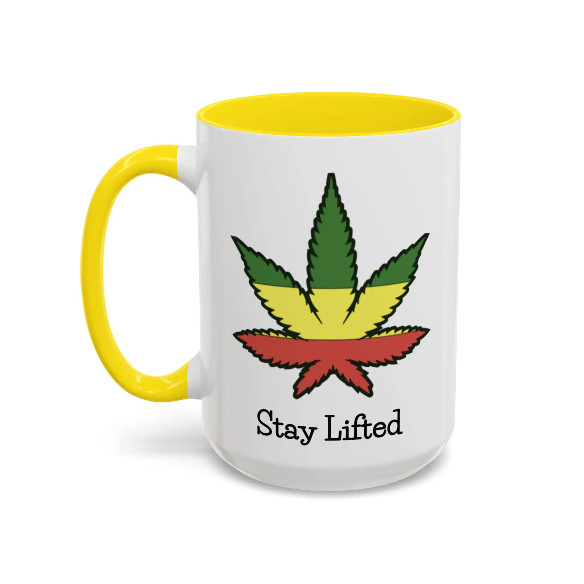 Mug with a cannabis leaf design and 'Stay Lifted' text on a white background