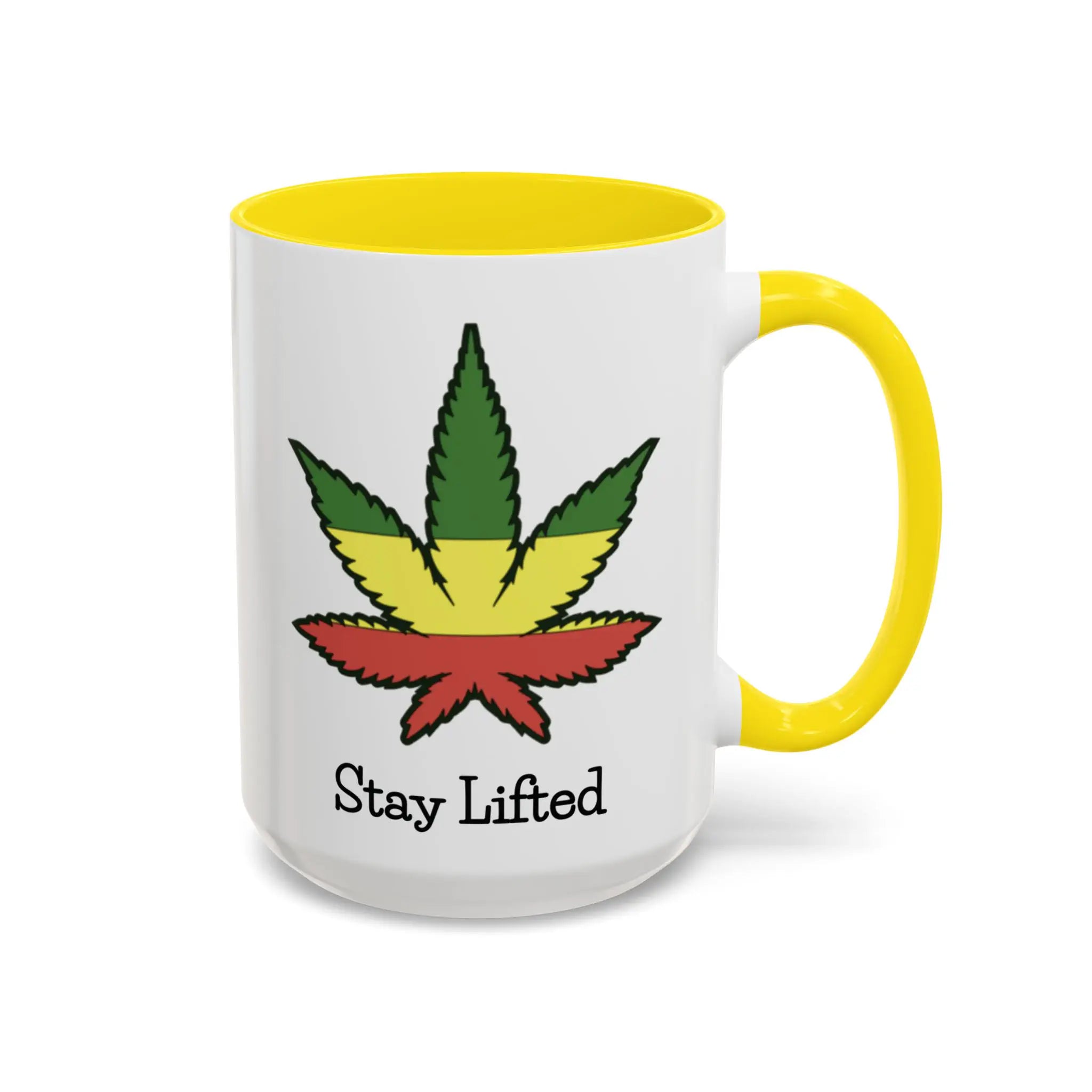 Mug with a cannabis leaf design and 'Stay Lifted' text on a white background