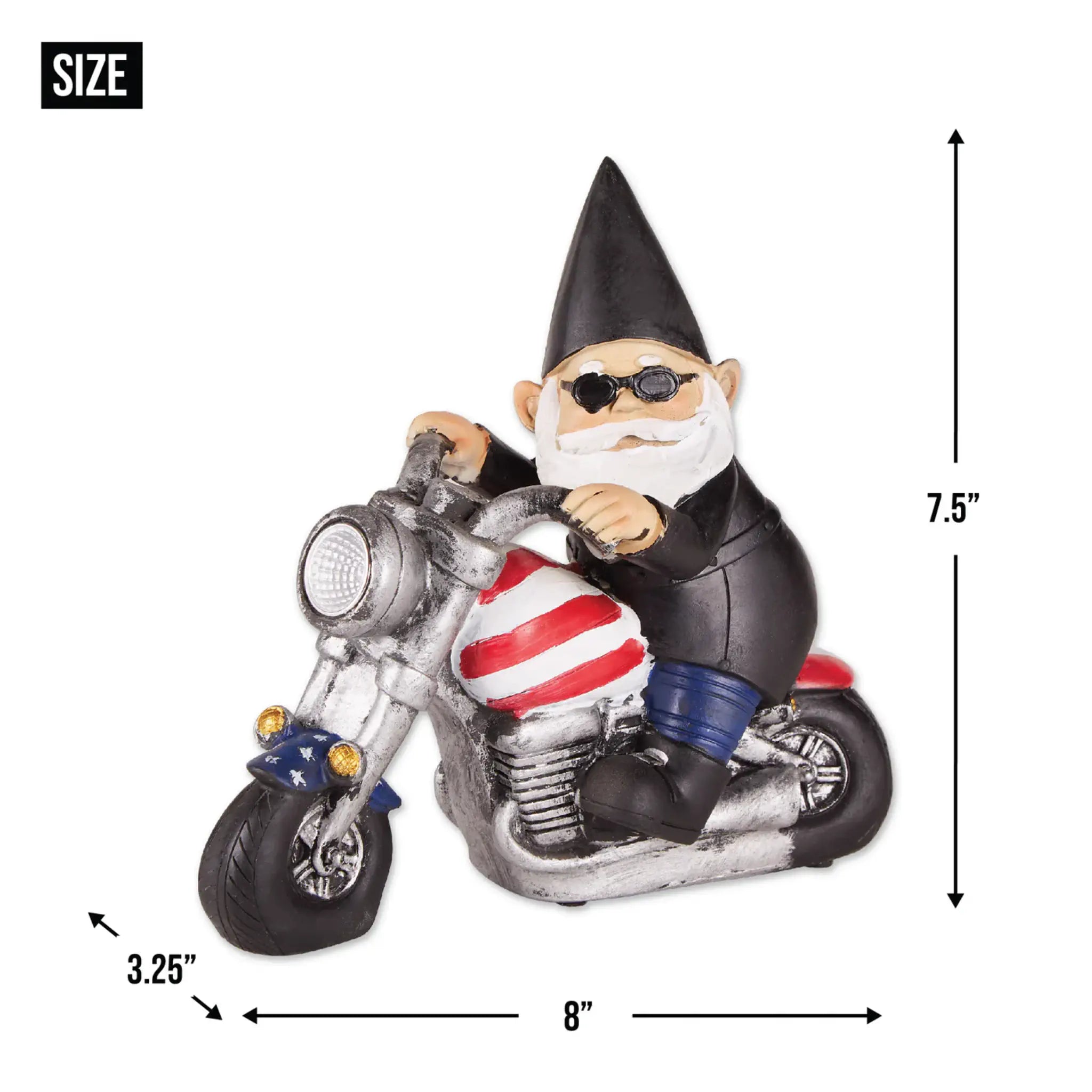 Gnome on a motorcycle with measurements indicated