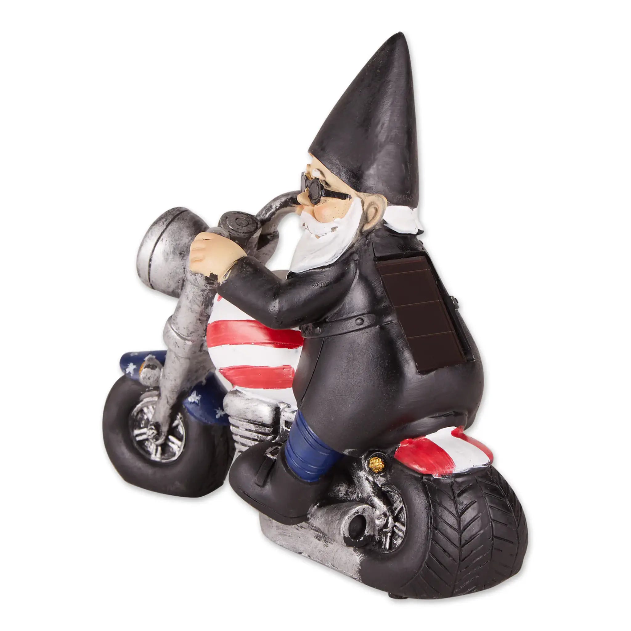 Gnome riding a motorcycle with American flag design on a white background