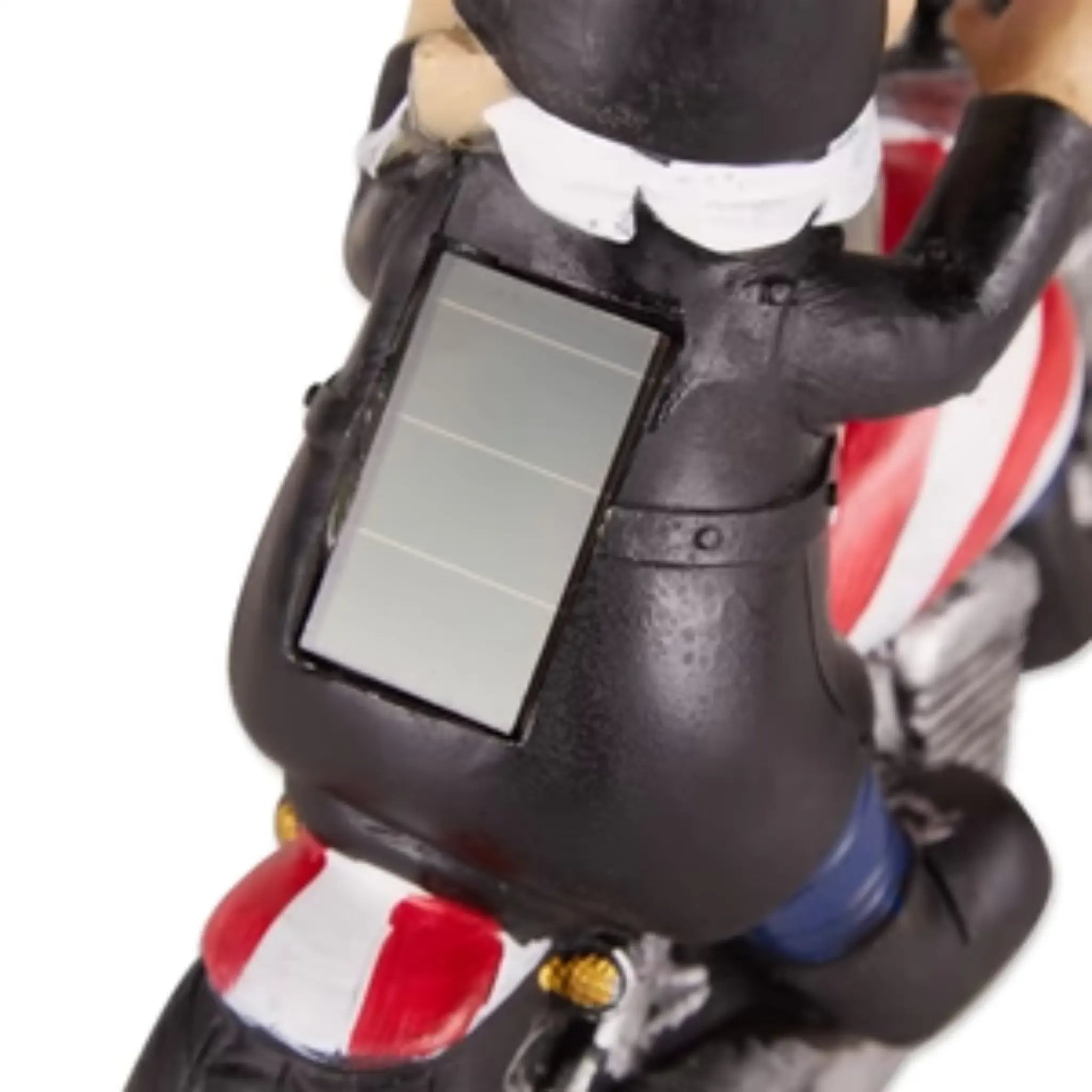Gnome riding a motorcycle with a solar panel on its back, on a white background