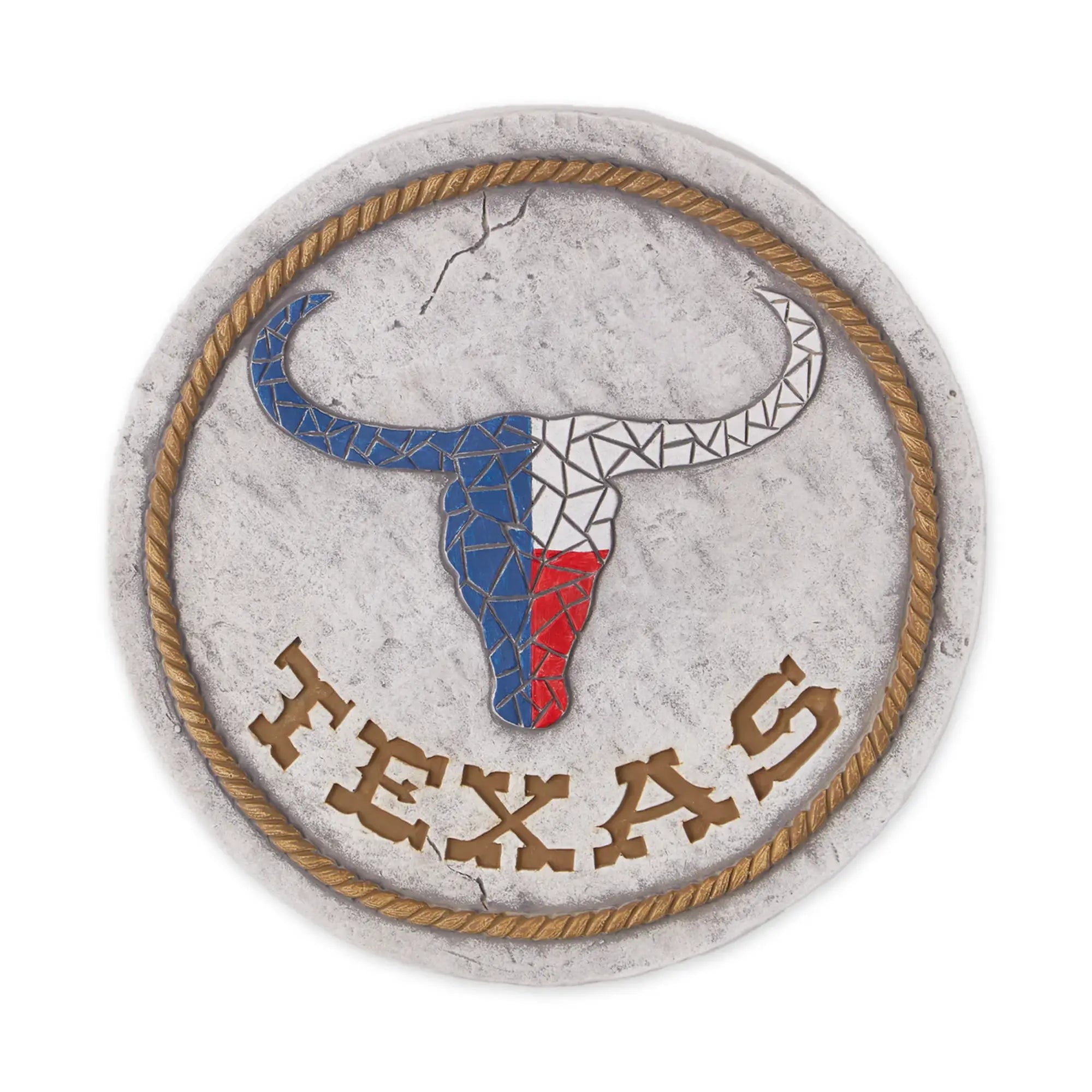 Garden stepping stone with a longhorn design and 'Texas' text on a white background