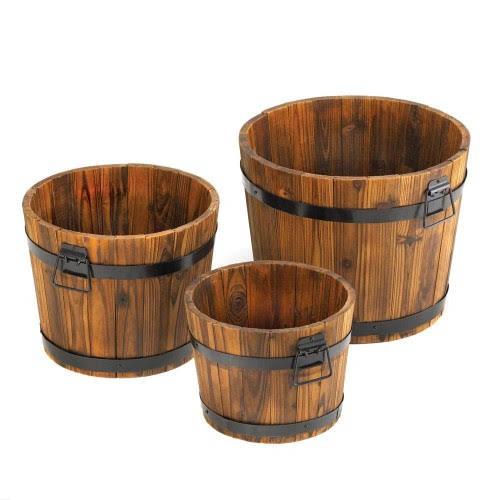 Rustic Apple Barrel Planter Trio - Saunni Bee - Patio; Lawn & Garden
